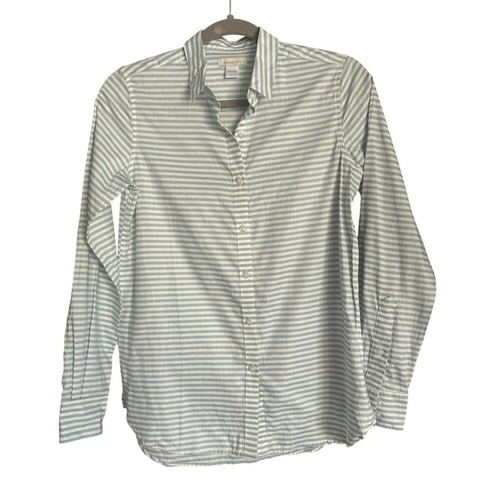 Garnet Hill Womens Blue White Striped Button Up Shirt Size 0 Cotton Long Sleeve